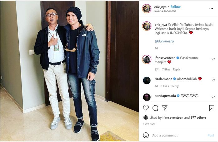 Unggahan Erie bersama Anji.