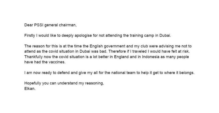 Bunyi surat Elkan Baggott yang ditujukan kepada Ketua Umum PSSI, Mochamad Iriawan, terkait pemanggilan dari timnas Indonesia.