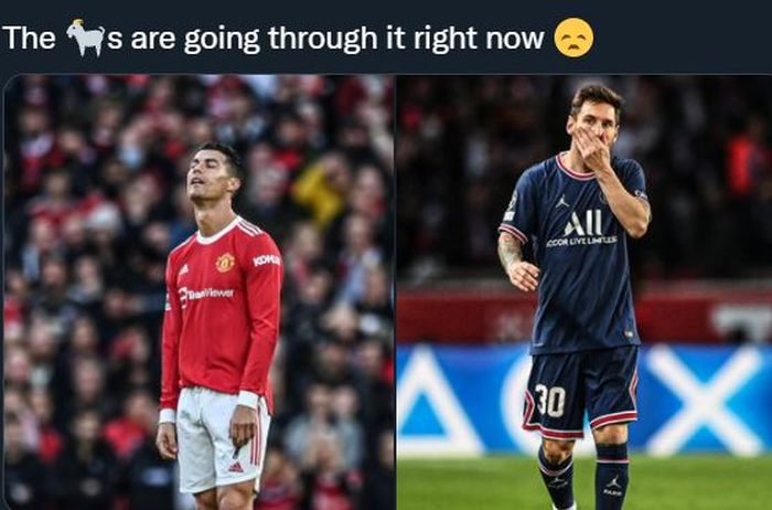 Cristiano Ronaldo (Manchester United, kiri) dan Lionel Messi (PSG). 