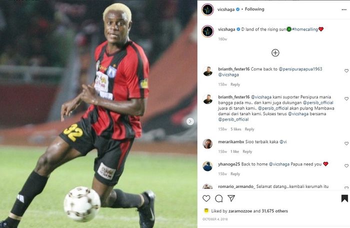 Postingan Victor Igbonefo mengenang momen saat memperkuat Persipura Jayapura.