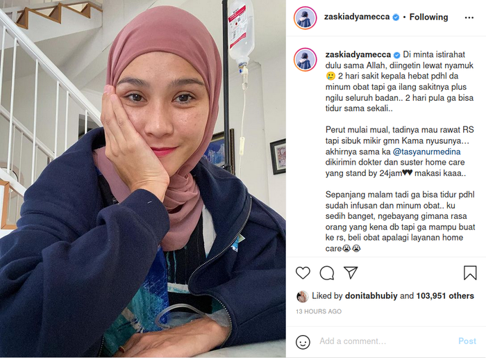Unggahan Zaskia Adya Mecca yang sedang mendapatkan perawatan medis di rumah karena terkena Demam Berdarah Dengue.