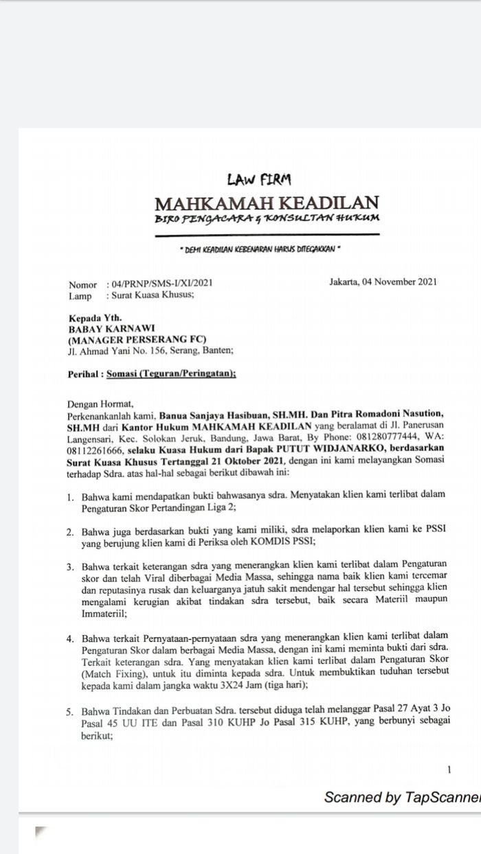 Surat somasi untuk manajer Perserang Serang, Babay Karnawi