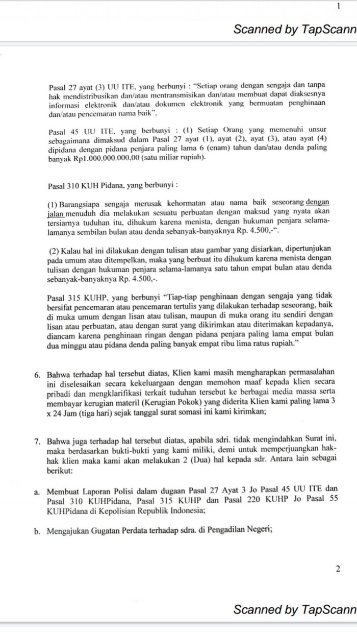 Surat somasi untuk manajer Perserang Serang, Babay Karnawi