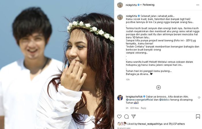 Unggahan Nicky Tirta usai mendapatkan kabar Vanessa Angel meninggal dunia dalam kecelakaan.