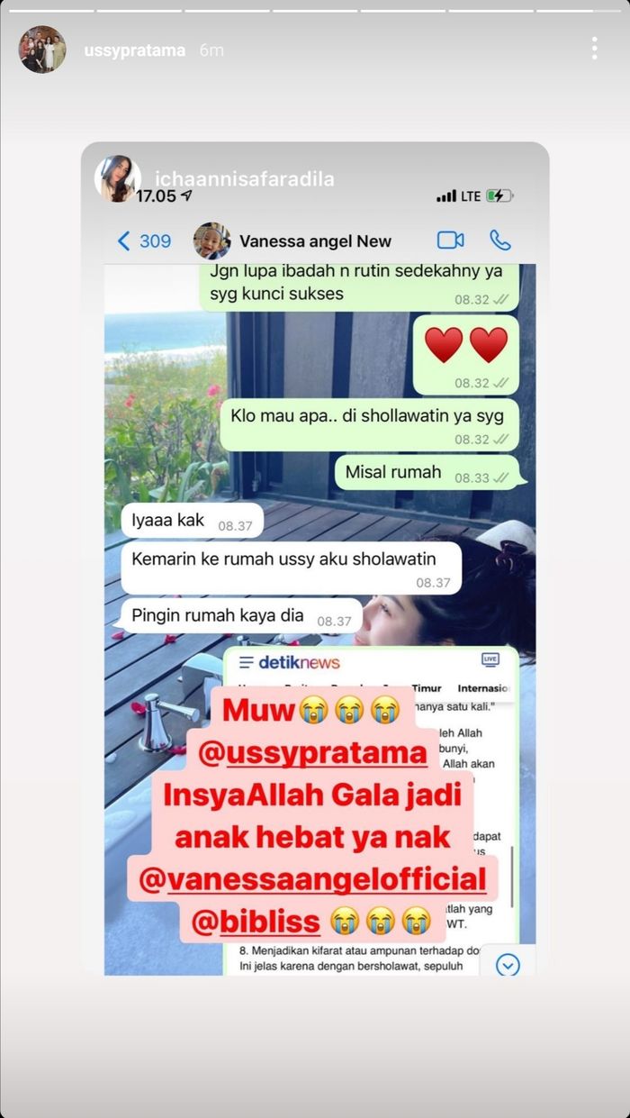 Tangkapan layar chat Vanessa Angel yang mengungkapkan ingin memiliki rumah seperti rumah Ussy Sulistiawaty dan Andhika Pratama.