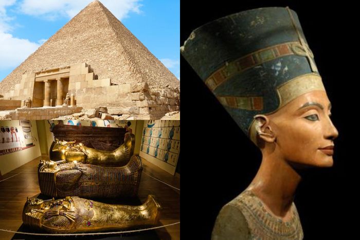 Karya seni Mesir Kuno yang ikonik, mulai dari piramida, makam Tutankhamun, dan patung Nefertiti.