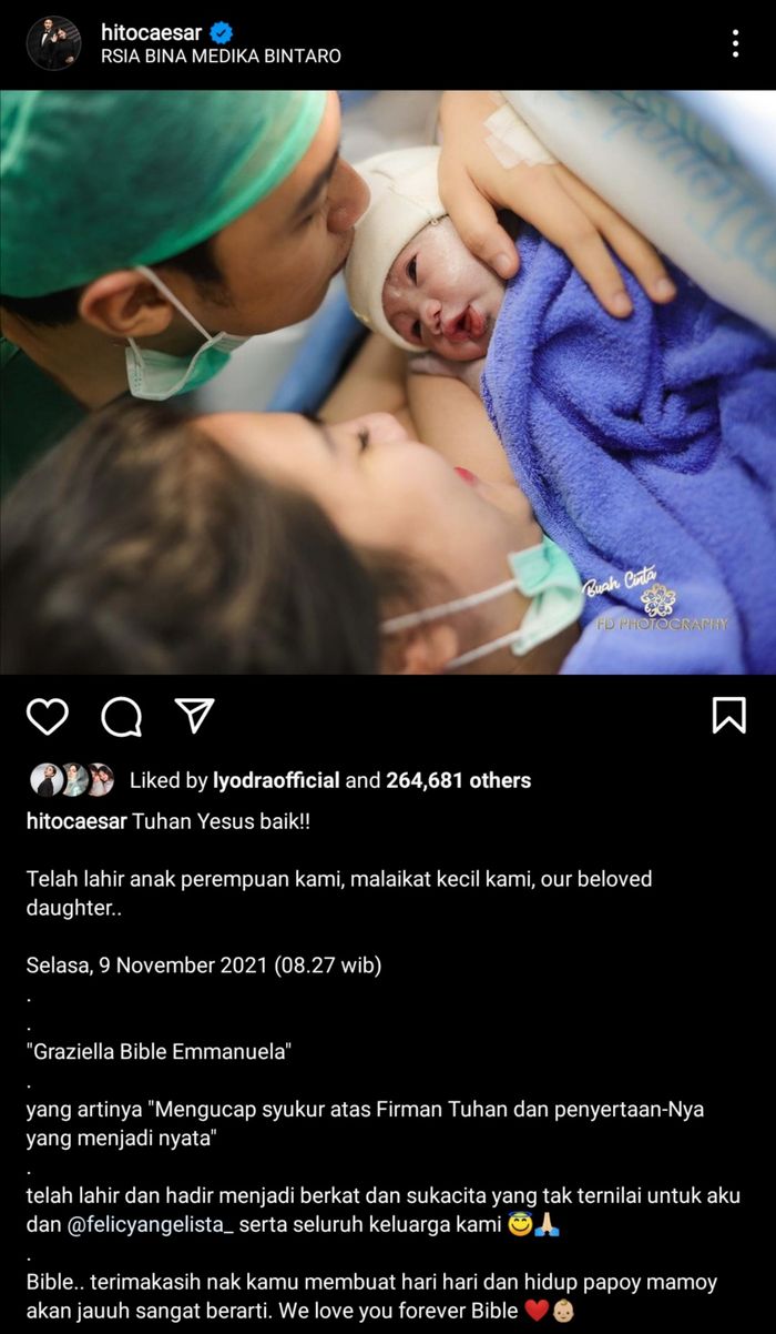 Felicya Angelista dan Caesar Hito mengumumkan kelahiran anak pertama.