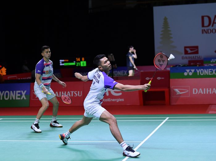 Pasangan ganda putra Indonesia, Fajar Alfian/Muhammad Rian Ardianto, saat tampil pada Indonesia Masters 2021 di di The Westin Resort, Nusa Dua, Bali, Selasa (16/11/2021).