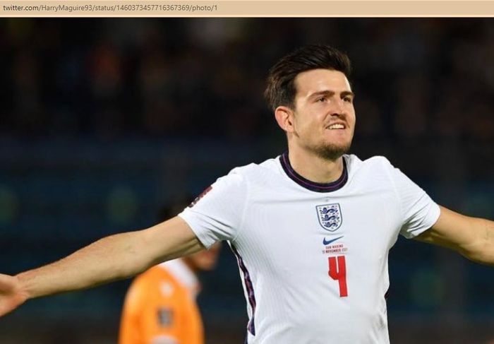 Bek timnas Inggris, Harry Maguire, merayakan gol ke gawang timnas San Marino dalam laga Grup I Kualifikasi Piala Dunia 2022 Zona Eropa di San Marino Stadium, Senin (15/11/2021).