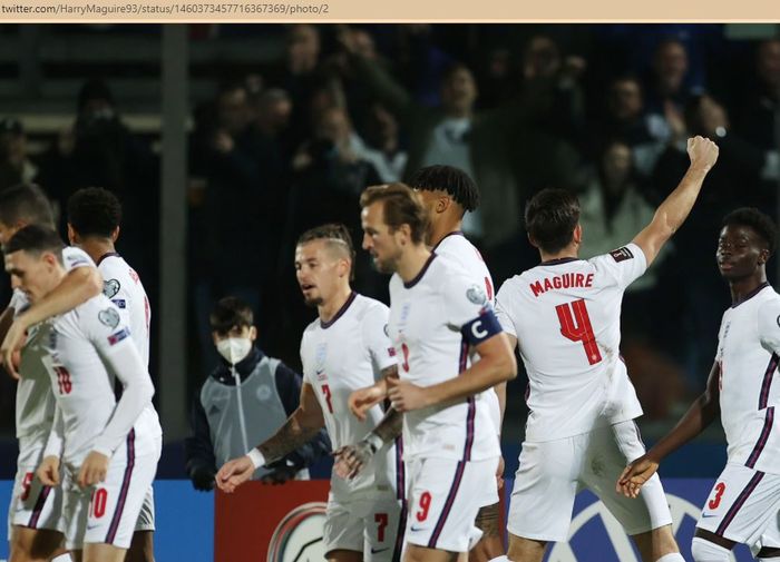 Bek timnas Inggris, Harry Maguire, merayakan gol ke gawang timnas San Marino dalam laga Grup I Kualifikasi Piala Dunia 2022 Zona Eropa di San Marino Stadium, Senin (15/11/2021).