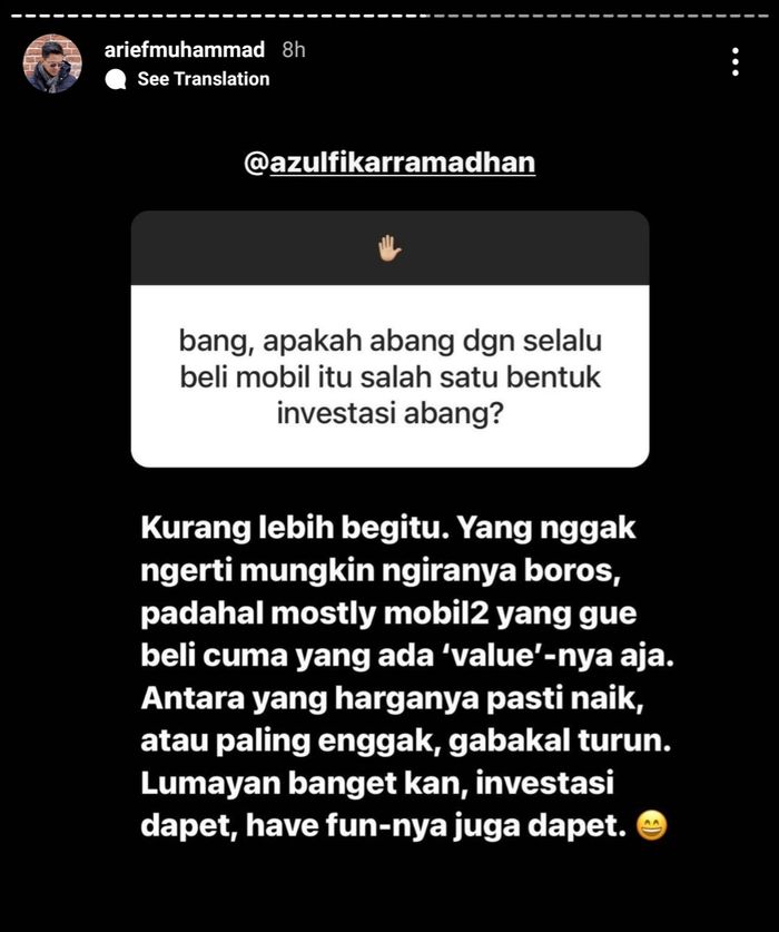 Unggahan Arief Muhammad tentang hobi mengoleksi mobil mewah.