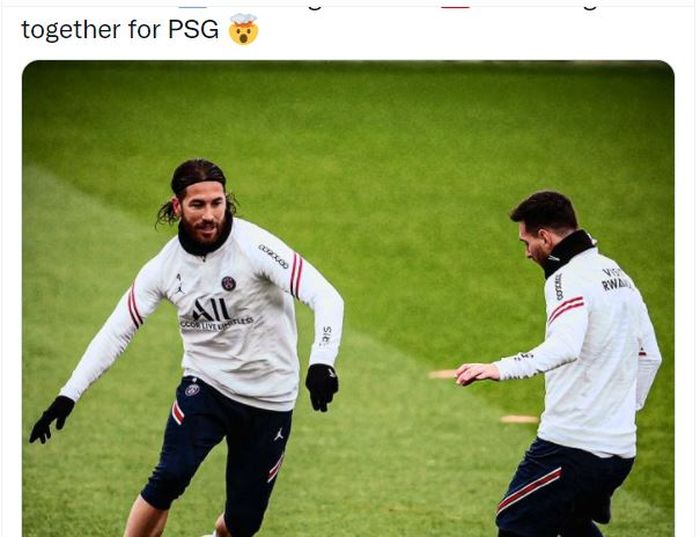 Sergio Ramos berlatih dengan Lionel Messi dalam sesi latihan Paris Saint-Germain (PSG) jelang laga kontra Nantes (20/11/2021).