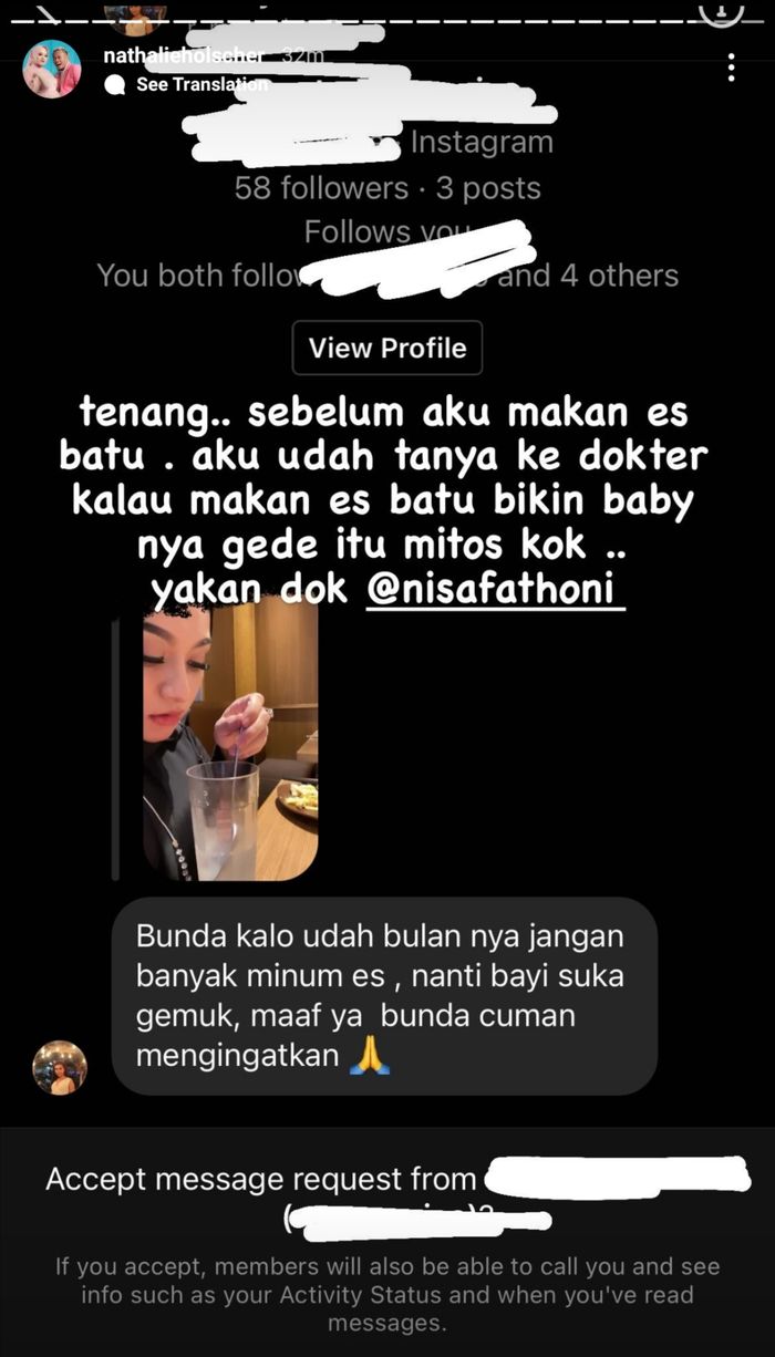 Unggahan Nathalie Holscher yang menjawab komentar netizen tentang makan es batu.