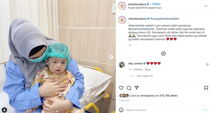 Oki Setiana Dewi mengungkapkan bahwa sang anak baru operasi dua jam