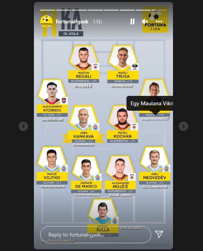 Egy Maulana Vikri dalam daftar tim terbaik Liga Slovakia pekan ke-16 (2/12/2021). 