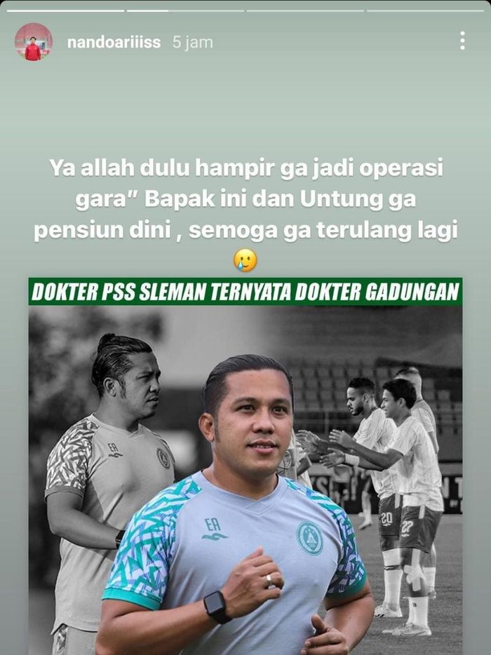 Kiper timnas Indonesia, Ernando Ari Sutaryadi, menceritakan momen nyaris celakanya karena dokter gadungan bernama Elwizan Aminudin.