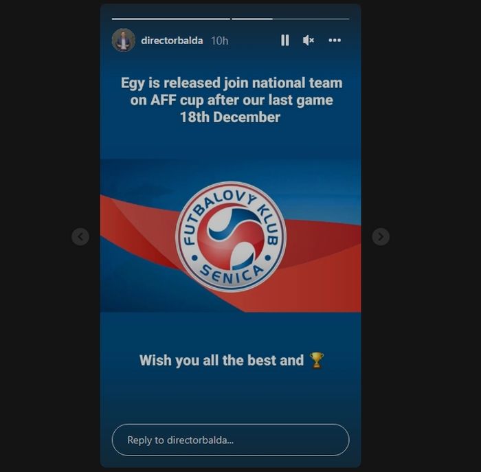 Pernyataan sikap FK Senica soal keikutsertaan Egy Maulana Vikri di Piala AFF 2020. 