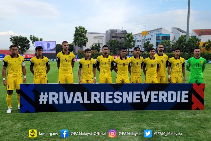 Skuad timnas Malaysia saat menghadapi Kamboja di fase grup Piala AFF 2020.