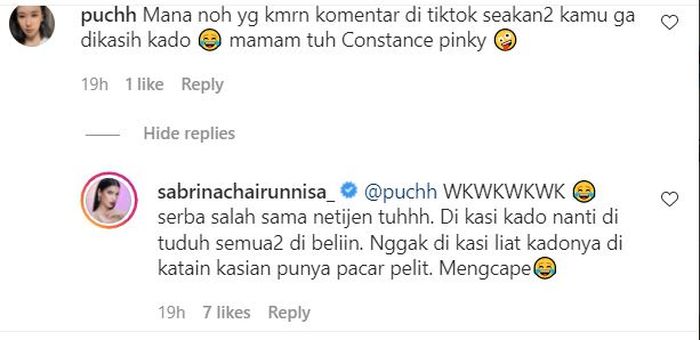 Komentar teman Sabrina Chairunnisa yang membuktikan kado dari Deddy Corbuzier.