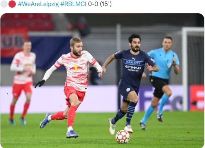 Laga RB Leipzig vs Manchester City pada matchday 6 Liga Champions, Selasa (7/12/2021) di Red Bull Arena, Leipzig.