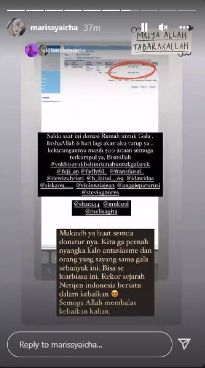 Unggahan Instagram Story @marissyaicha saat mengumumkan jumlah donasi rumah untuk Gala yang hampir mencapai Rp 3 Miliar  