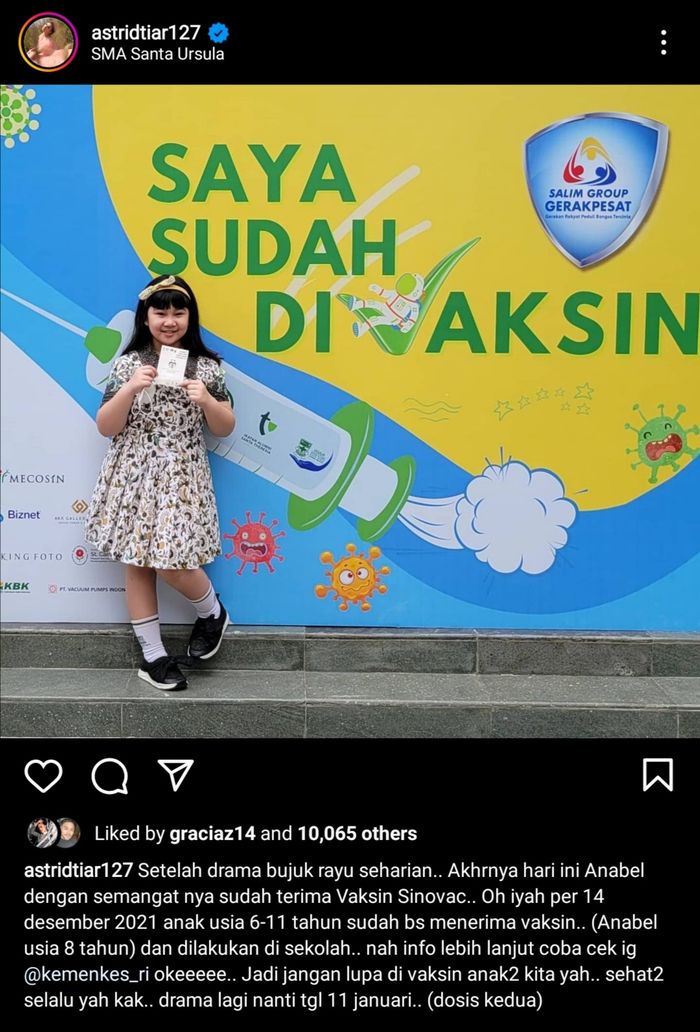 Unggahan Astrid Tiar tentang vaksinasi Covid-19 untuk anak usia 6-11 tahun.