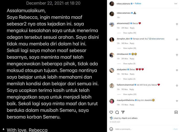 Aktris yang syuting di lokasi pengungsian korban erupsi Gunung Semeru menulis permohonan maafnya  