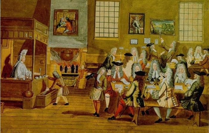 Suasana kedai kopi di tahun 1700-an.