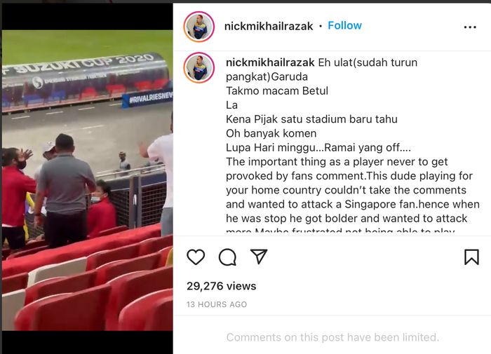 Tangkap layar video Suporter Singapura yang rasis kepada pemain timnas Indonesia yang telah dihapus.