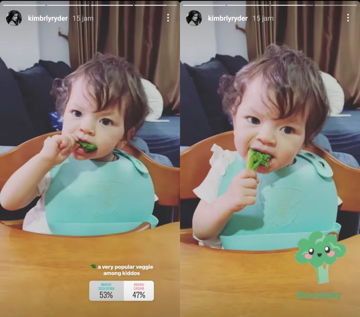 Unggahan Kimberly Ryder saat anaknya lahap makan brokoli.
