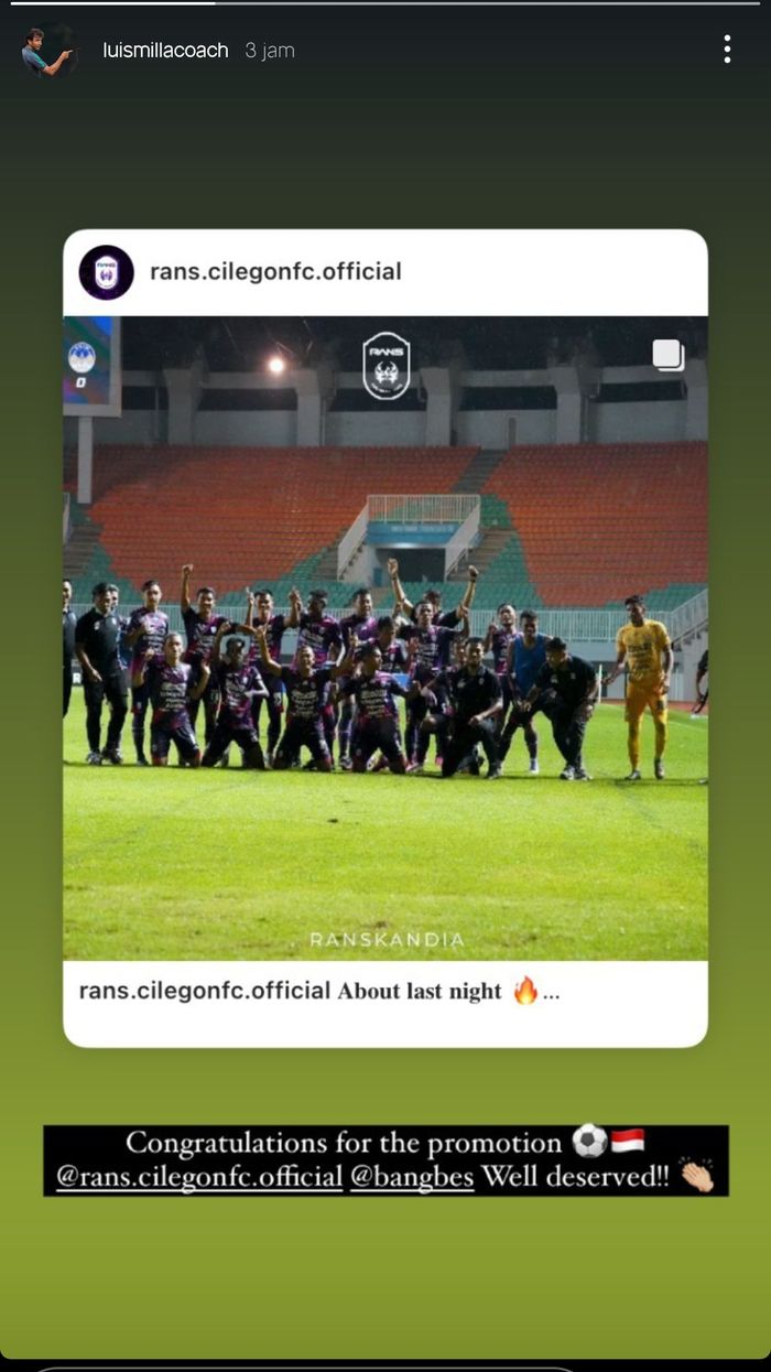 ucapan selamat dari mantan pemain Real Madrid dan Barcelona, Luis Milla kepada Rans Cilegon FC yang memastikan diri promosi ke Liga 1.