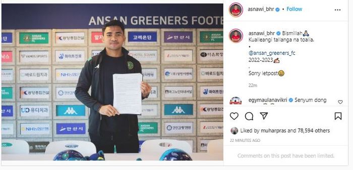 Asnawi Mangkualam secara resmi menandatangani kontrak baru dengan Ansan Greeners hingga 2023 pada Kamis (6/1/2022).