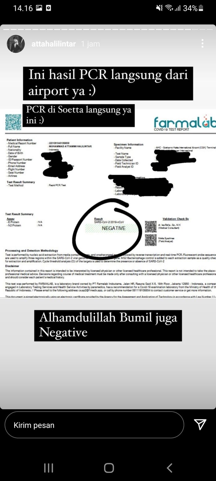 Melalui Instagram Story-nya, Atta Halilintar memberikan bukti-bukti bahwa dirinya negatif Covid-19.  