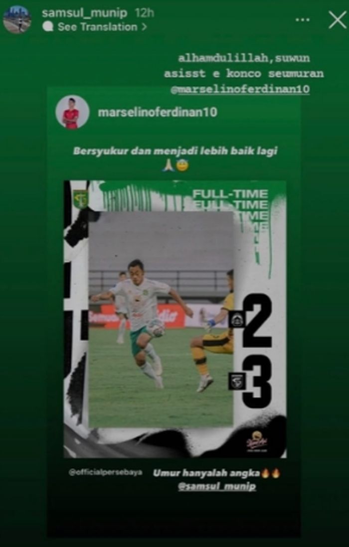 Unggahan Samsul Arif setelah mendapat assist dari Marselino Ferdinan pada laga Tira Persikabo vs Persebaya (10/1/2022). 