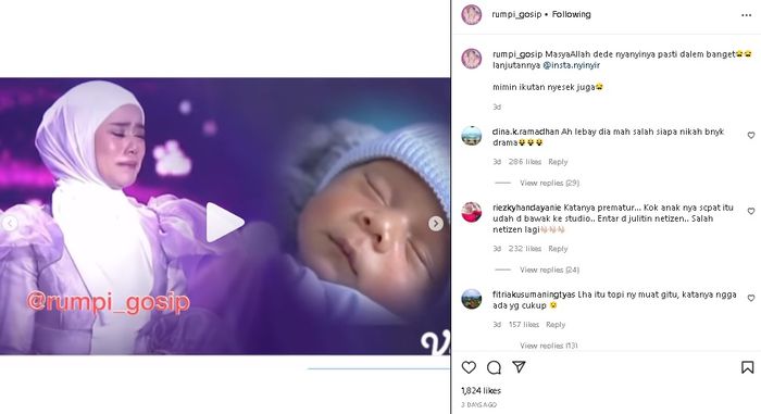 Unggahan akun @rumpi_gosip mengenai Lesti Kejora yang menangis setelah anak pertamanya dengan Rizky Billar lahir. 