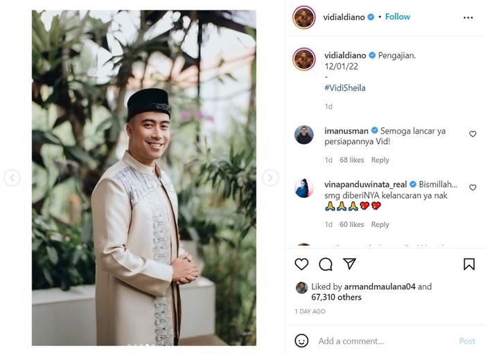 Vidi Aldiano saat acara pengajian jelang pernikahan dengan Sheila Dara.