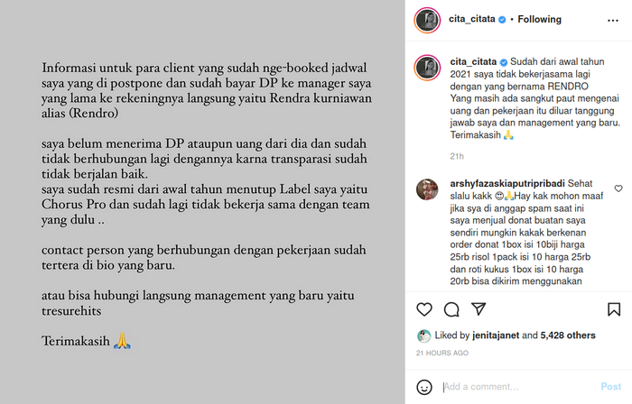 Tiada angin tiada hujan, Cita Citata mendadak tulis kalimat panjang singgung mantan manajer dan uang di media sosial, ada apa?