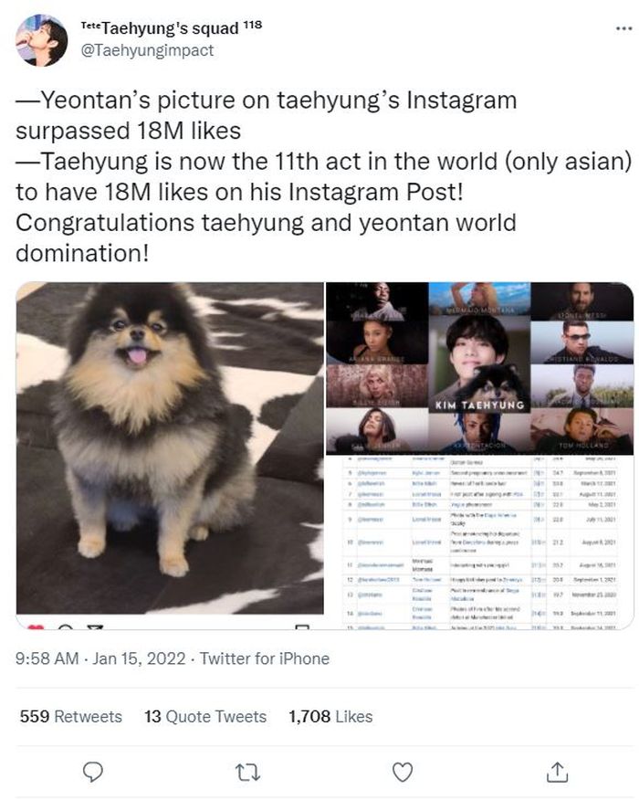Potret anjing peliharaan V BTS mendapatkan lebih dari 18 juta likes menandakan bahwa sang idola menjadi publik figur Asia pertama yang mendapatkan jumlah likes terbanyak di Instagram 