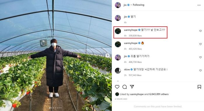 Postingan Jin ke kebun stroberi yang dikomentari J-Hope.