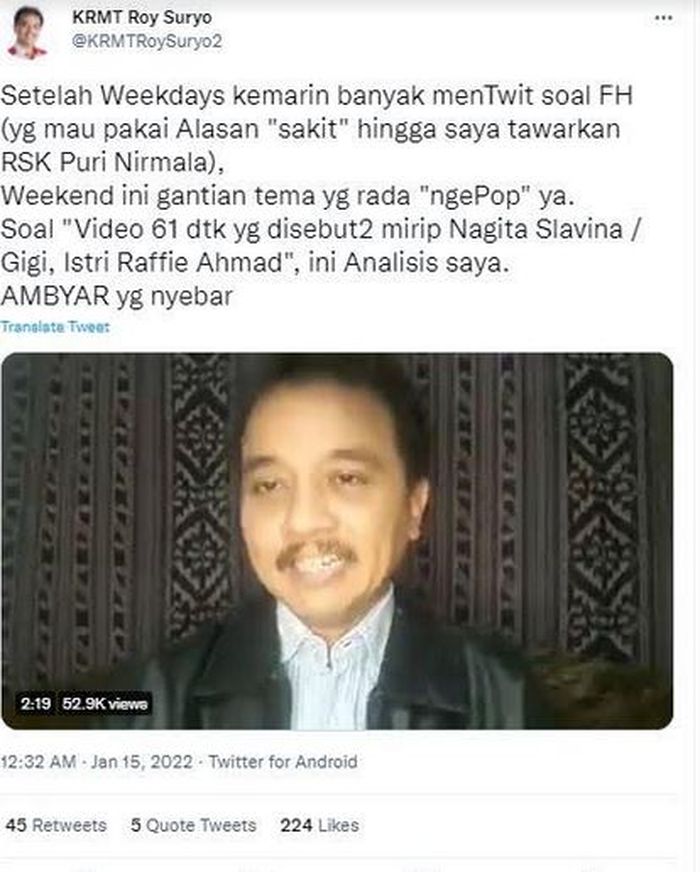 Penjelasan Roy Suryo terkait video syur 61 detik yang mirip dengan Nagita Slavina