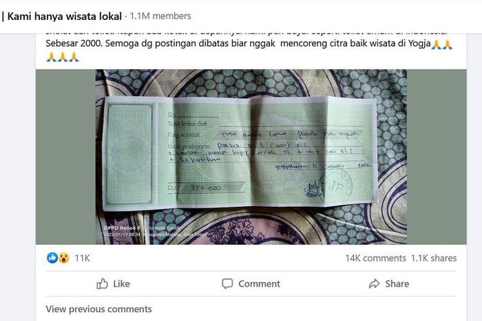 Postingan pemilik akun Facebook Kasri St&ouml;&ntilde;D&aring;k&Oslash;&ntilde; yang menunjukkan foto kwitansi pembayaran parkir bus di wilayah Yogyakarta seharga Rp 350 ribu