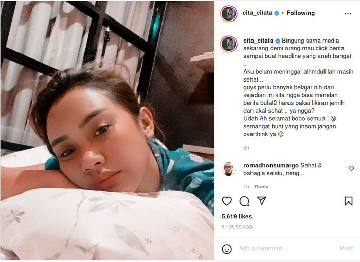 Gemparkan publik dengan beredar kabar dirinya meninggal dunia, Cita Citata justru pamer selfie sambil tulis pesan ini untuk warganet.