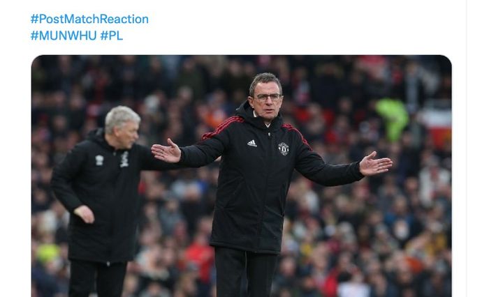 Pelatih Manchester United, Ralf Rangnick, dalam laga melawan West Ham United di Old Trafford, Sabtu (22/1/2022)