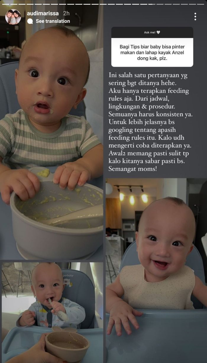 Unggahan Audi Marissa di Instagram tentang feeding rules. 