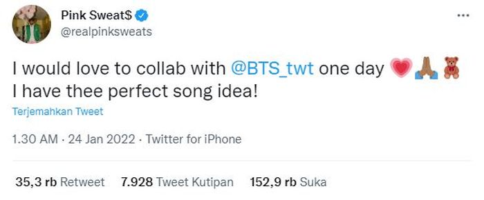 Cuitan Pink Sweat di Twitter ungkapkan keinginannya untuk berkolaborasi dengan BTS