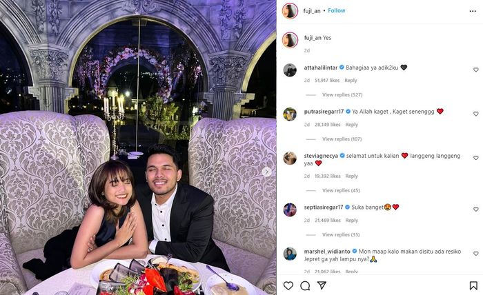 Fuji menerima ajakan kencan dari Thariq Halilintar lewat unggahan Instagram.