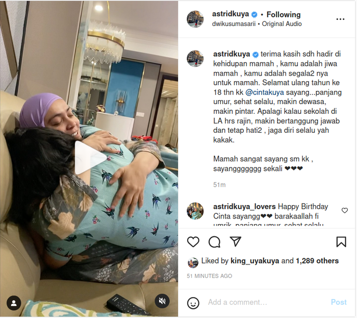 Astrid Kuya tulis ucapan spesial untuk ulang tahun sang putri yang ke-18, arti nama Cinta Kuya ternyata punya makna mendalam.