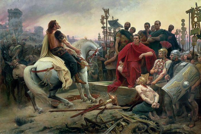 Pemimpin Galia Vercingetorix menyerah kepada Caesar pada tahun 52 SM.