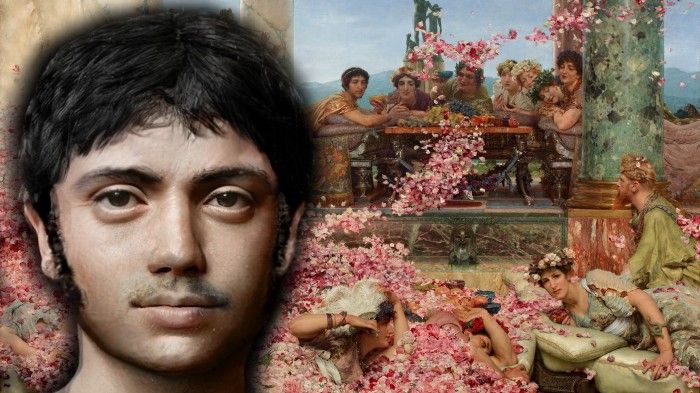 Tampilan modern Elagabalus dan lukisan The Roses of Heliogabalus oleh Alma-Tadema di latar belakang.