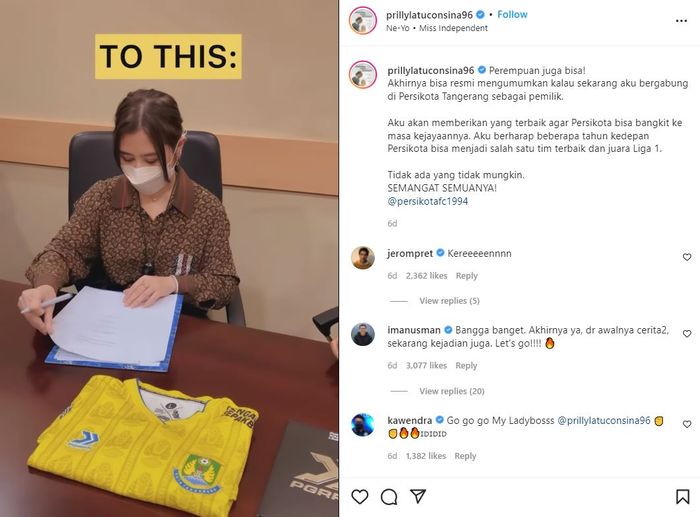 Prilly Latuconsina mengumumkan bahwa dirinya resmi menjadi pemilik klub PERSIKOTA Tangengerang 